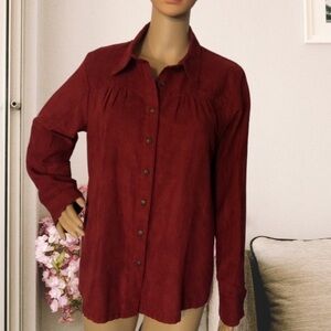 Vintage Lemon Grass Red Shirt Button Down Suede Feel Collared Blouse Red